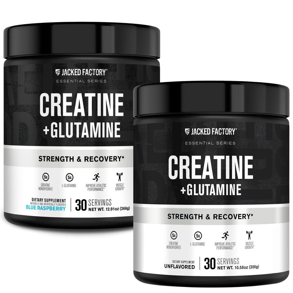 Jacked Factory Kreatīns + glutamīns - kreatīns Papildinājums ar L-glutamīns muskuļu reģenerācijai, Muskuļu augšanu, Palielināts stiprums (30 Kalpo, Neuzliesmojošs & 30 Kalpojumi, Zils aveņu)