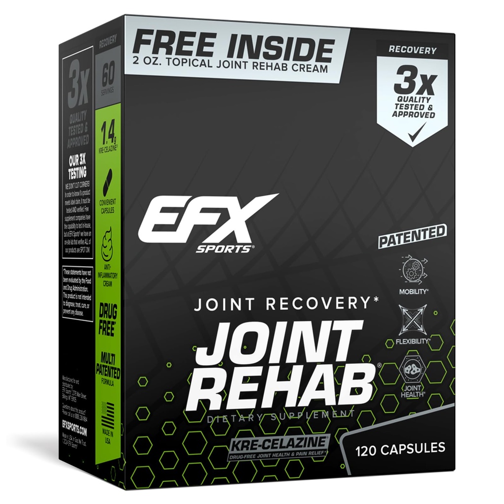 EFX Sporta Joint Rehab Recovery Kit • Powered by Kre-Celazinum® • Mobilitātei un kopīgai veselībai • 120 kapsulas Kre-Alkalyn Creatine + 2 unces