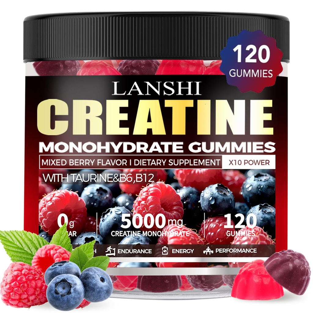 Kreatīnmonohidrāts Gumijas 5000mg - Bezcukura Pre Workout Papildinājums vīriešiem un sievietēm, Kreatīn Gumijas muskuļiem, Stiprums, Atveseļošanās, Kognitīvā veselība un atmiņa, Jaukta Berry Flavor, 120 Skaits