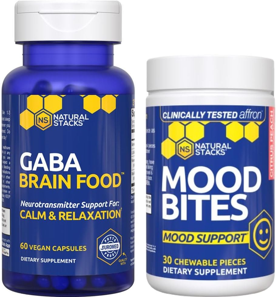 NATURAL STACKS Mood Bites + GABA Brain Food Bandle - Atbalsta Relaksācija un Uzlabota Mood* - 90 Kopā gabali