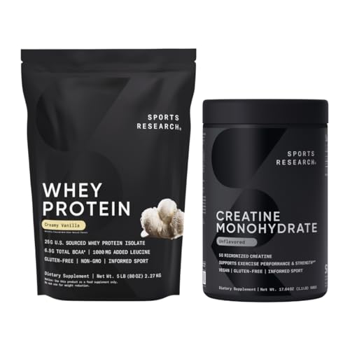 Sporta pētījumi® Kreatīna monohidrāts (100 Kalpojumi) & Vanilla Whey Protein (63 Kalpojumi), Dinamiskais Duo Lean Muskuļu Building, Uzlabots Veiktspēja, Stiprums & Workout Recovery - Sports Nutritio