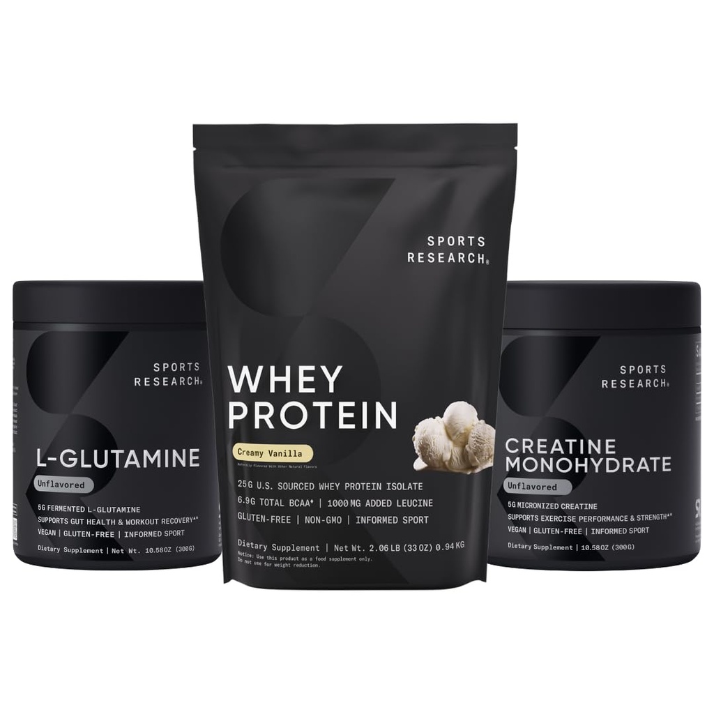 Sporta pētījumi® Rekuperācijas matrice - sūkalu izolāta proteīna pulveris 2.1lb + L-glutamīns 10.58 Oz + kreatīnmonohidrāts 10.58 Oz