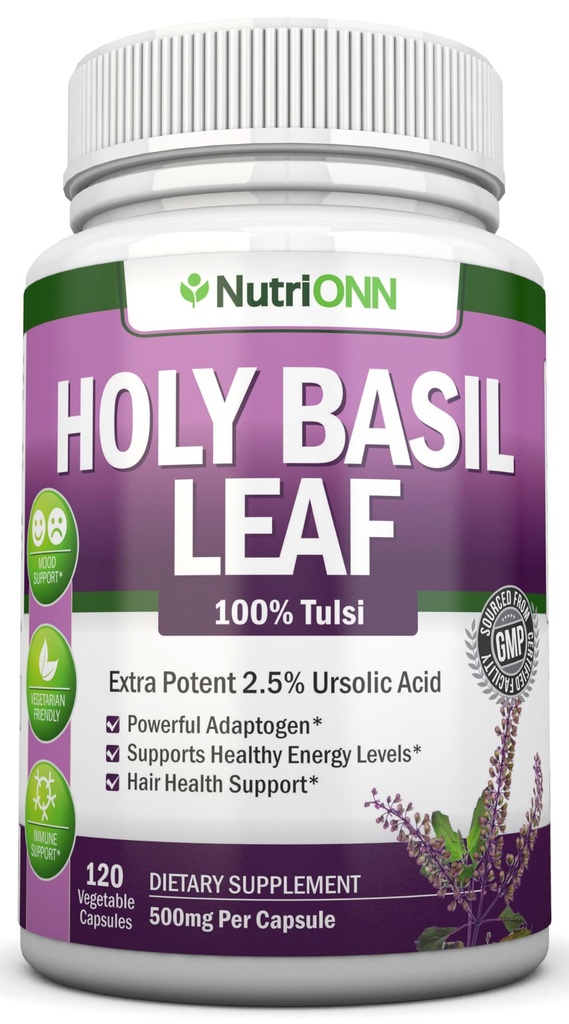 Svētās Basil Leaf kapsulas - 500 mg - 2,5% Ursolīnskābe - 120 Vegan kapsulas - Īstās Tulsi ekstrakta papildinājums - Pozitīvs prāta stāvoklis - Adaptogēns un ajurvēdisks herbs