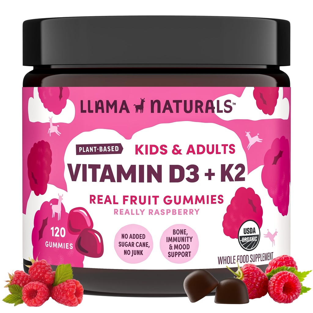Llama Naturals vitamīns D3, Vegan, Organic Imūnsupporta papildinājums, D vitamīns Gumijas pieaugušajiem un bērniem, reālas augļu gumijas vitamīni, veicina kaulu veselību, Nav pievienots Cukurniedres, aveņu, 120 Ct
