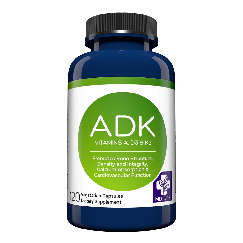 MD.LIFE ADK vitamīnu piedevas – vitamīns D3 K2 un komplekss – 120 kapsulas – augstas aktivitātes vitamīns ADK kaulu un sirds veselības atbalstam
