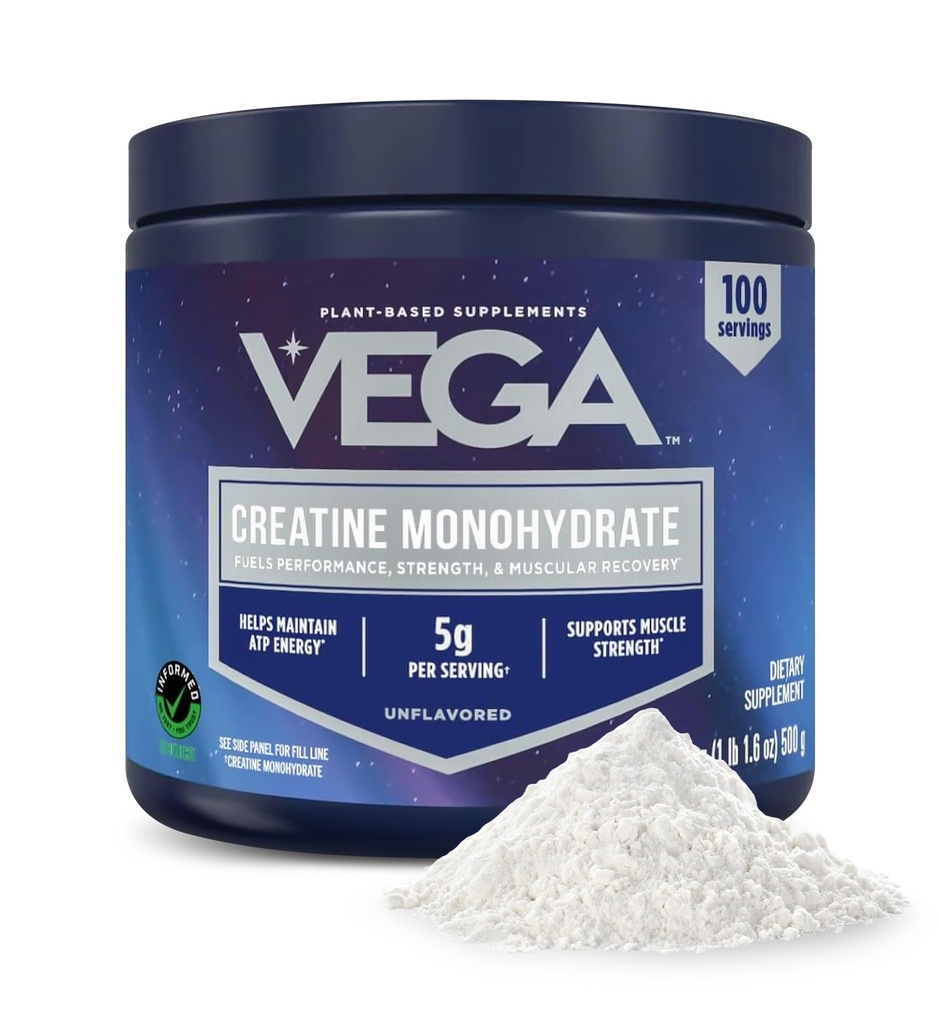 Vega Mikronizēts kreatīnmonohidrāts Pulveris, neflavorēts – 5g Pure Vegan Kreatīns vīriešiem un sievietēm, stiprums, veiktspēja un muskuļu augšana, 100 Kalpojumi (17,6 oz)