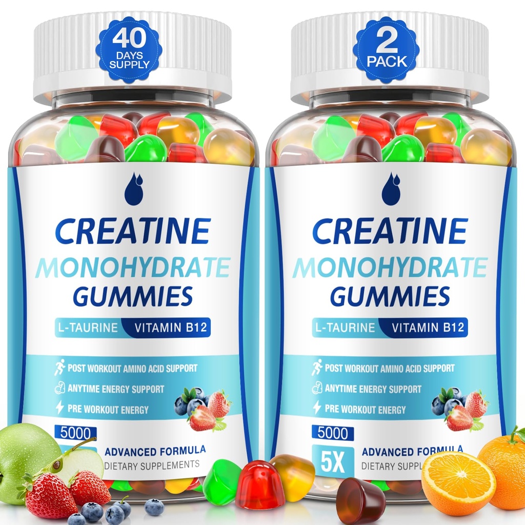 Kreatīna Gumijas vīriešiem un sievietēm - Kreatīna monohidrāts Gumijas 5g, Muskuļu celtnieks, Enerģijas Boost & Pirms-Workout Papildinājums, Zems cukura Taurīns Košļājamā gumijas 2 iepakojums