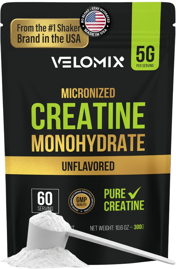 VELOMIX Micronized kreatīnmonohidrāts Pulveris - 100% Pure kreatīnpulveris Neuzliesmojošs un viegli samaisāms; Atbalsts Muskuļu augšanu, atveseļošanu, un stiprumu; 5 000mg Per Serv (5g) - 60 Servējumi
