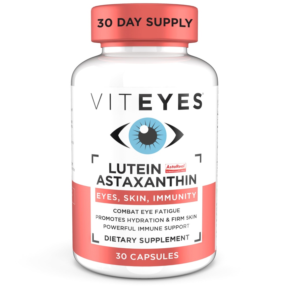 Viteyes luteīns un astaksantīns – mazina acu nogurumu, hidratēta un cieta āda, zila gaismas aizsardzība, imūnsupports, 20 mg luteīns, 4 mg astaksantīna, acu vitamīni, uzticamais ārsts zīmols, 30 kapsulas