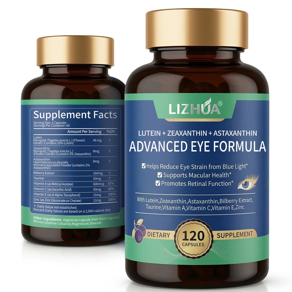 Luteīns 40mg & zeaksantīns 8mg Acu vitamīni ar astaksantīnu, melleņu, Taurīnu, A C E vitamīnu Cinku, zilu gaismu un makulas atbalstu, 120 Veggie kapsulas