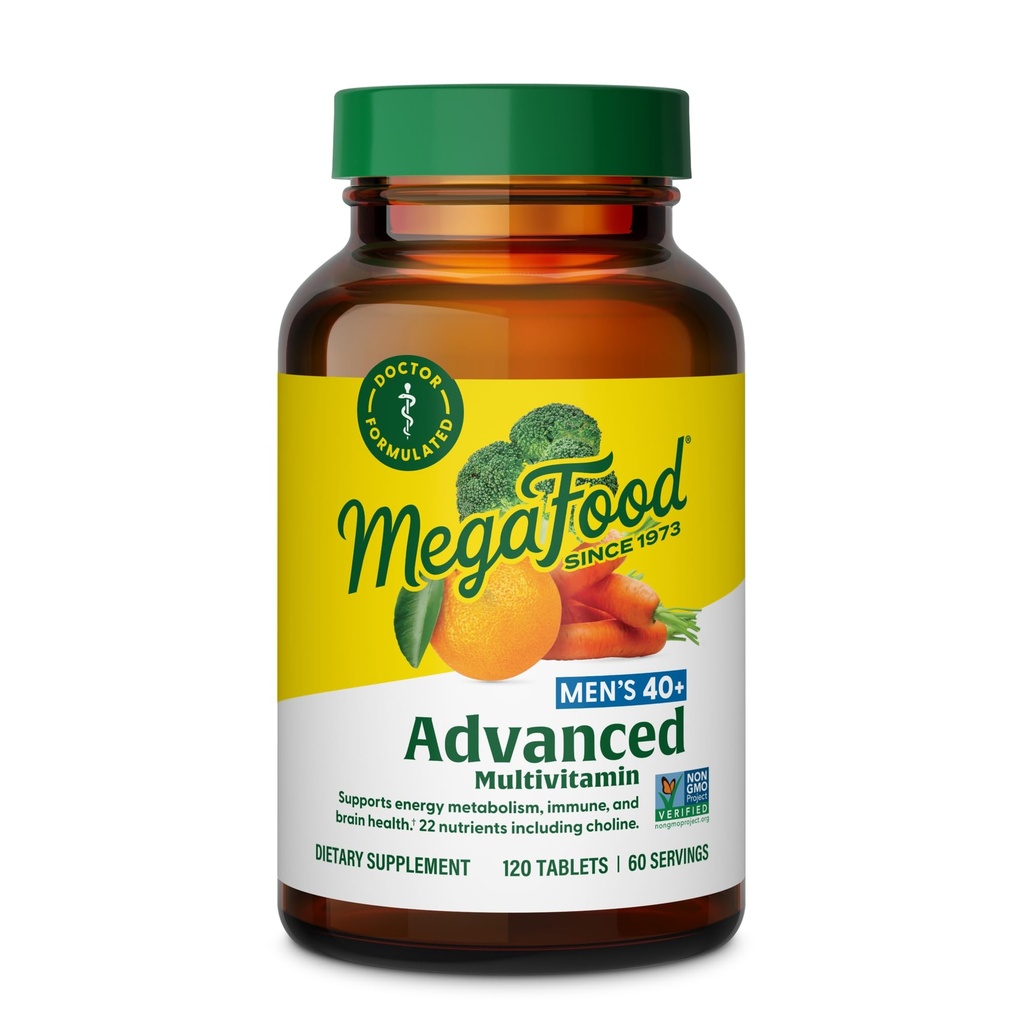 MegaFood Men's 40+ Advanced Multivitamine for Men - Dr-Formulated - Holīns, B vitamīns, C vitamīns, D vitamīns, cinks un reāla pārtika - smadzeņu veselība, imūnās sistēmas atbalsts - Veģetārietis - 120 Tabs (60 Kalpo)