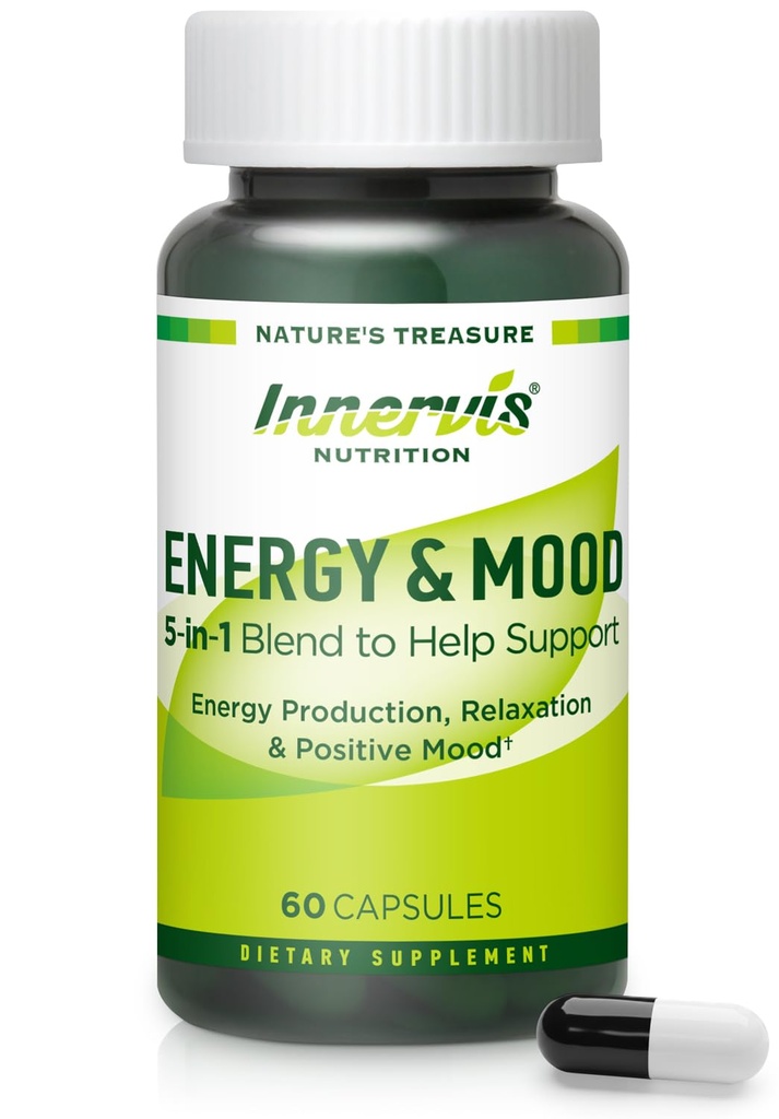 Enerģijas un garastāvokļa papildinājums – Energy & Reduce Nogurums, Atbalsts Relaxation – 60 Kapsulas – Ne-GMO, 3 Party Tested – Innervis Nutrition