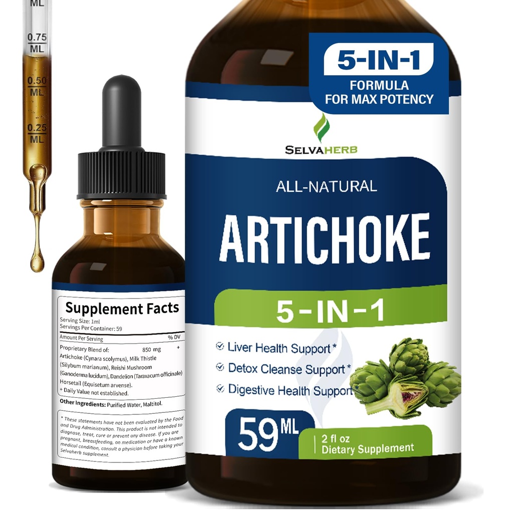 Artichoke Leaf Extract Drops for Liver Detox Cleanse & Repair, Milk Thistle 5-in-1 Natural Herbal Formula, Liver Health Support Supplment w/Dandelion Horsetail, High Absorbtion. 2oz