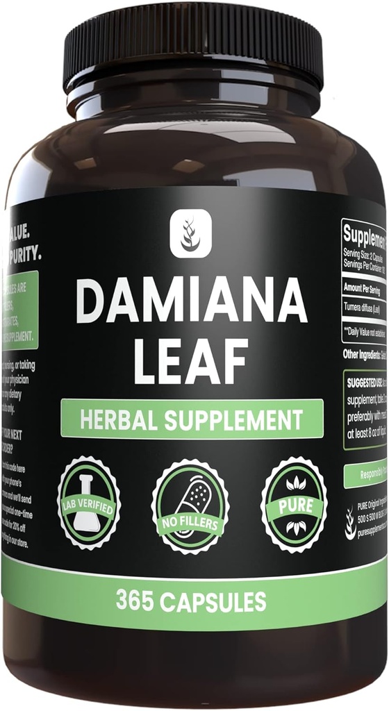 PURA ORIĢINĀLIE SASTĀVDAĻI Damiana Leaf (365 kapsulas) Nē Magnija vai rīsu pildījumi, vienmēr tīri