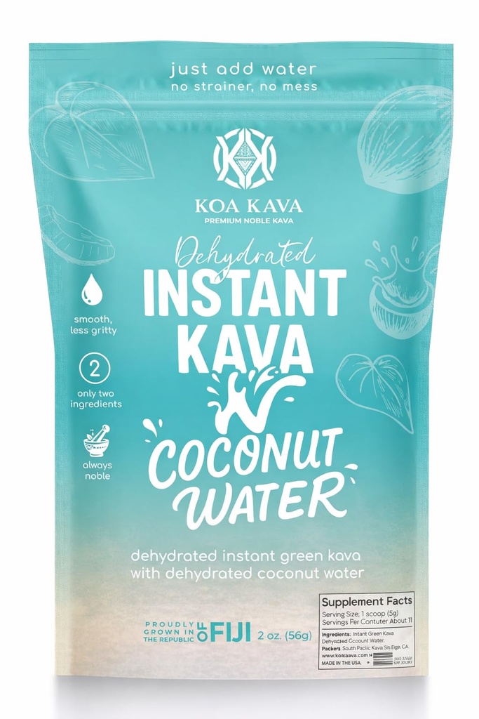 Koa Kava Instant Kava Powder + Coconut Water - Noble Fiji Kava Drink Mix Dehydrated, Not Micronized Kava, Easy Mix (2oz)