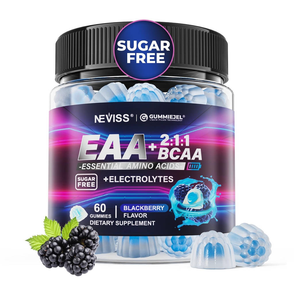 EAA Gimmies papildinājumi, visi 9 Essential Aminoskābju papildinājums, BCAA Aminoskābes Gummies vīriešiem sievietēm; Branched-Chain Aminos & Elektrolītu hidratācija Gumies; bez , Aveņu Flavor, Vegan, 60ct