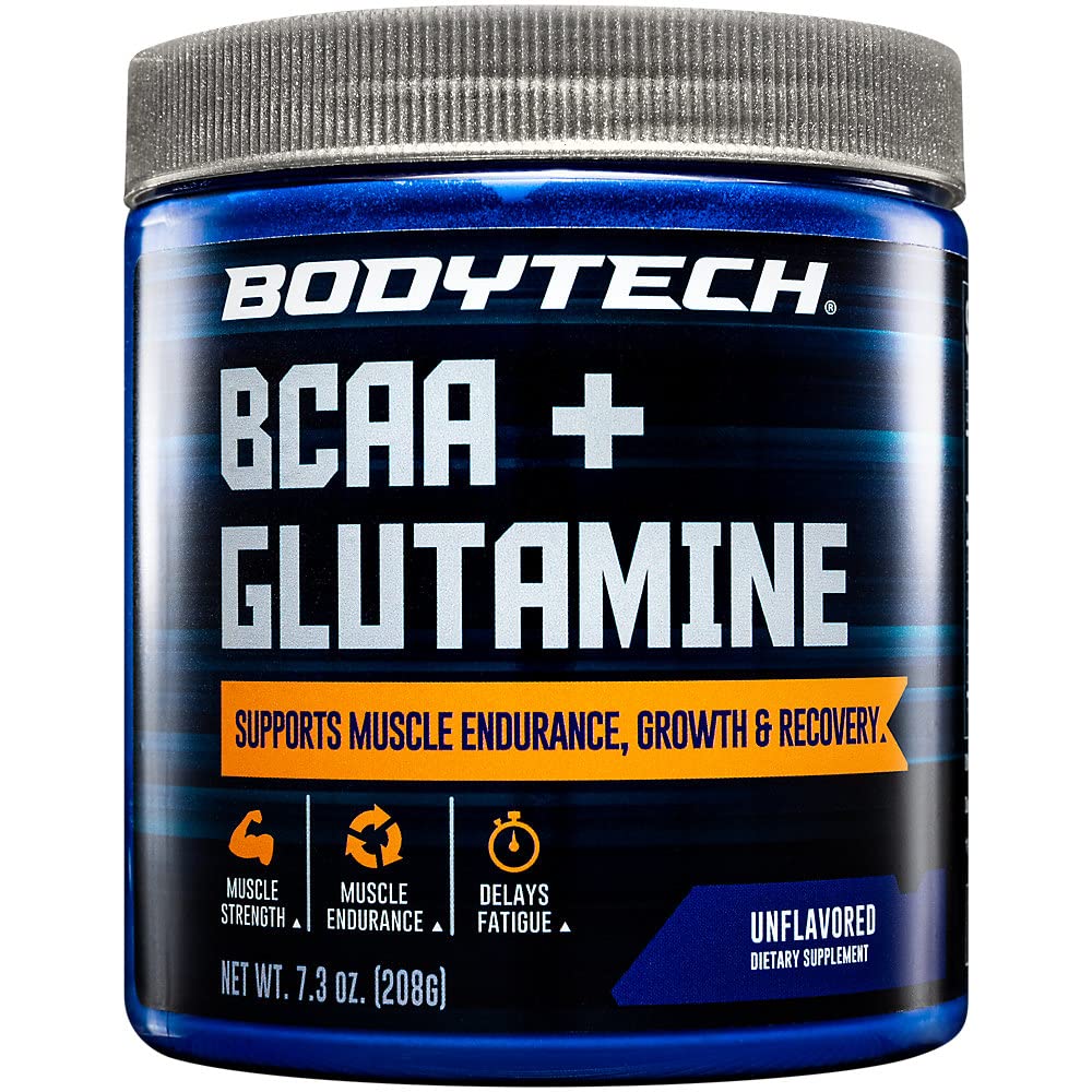 BodyTech BCAA + Glutamine Pulveris ar C vitamīnu, L Glutamine & More, Essential Pre Workout vai post Workout Aminoskābes vīriešiem un sievietēm, Neuzliesmojošs, 7.3 Oz, 30 Kalpo