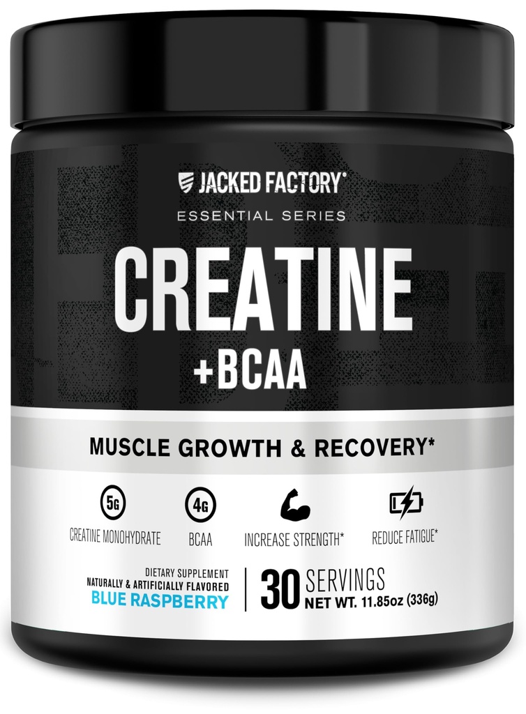 Jacked Factory Kreatīns + BCAAs - kreatīnmonohidrāts + BCAA pulveris palielinātai pēcdarbs reģenerācijai, veiktspēju, Lean muskuļu augšanu, & Pazemināts nogurums - 30 Kalpo, Zils Avenes