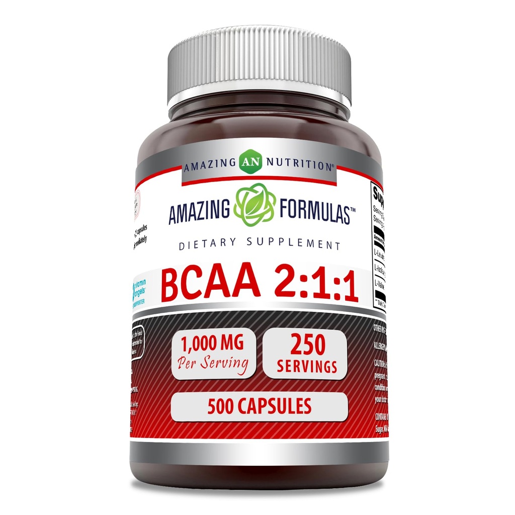 Amazing Formulas BCAA 2:1:1,1 1000 Mg Per Servējot ; Capsules ; sazarotas ķēdes aminoskābes Papildinājums ; Non-GMO; bez glutēna; izgatavots ASV (1 Pack, 500 Count)