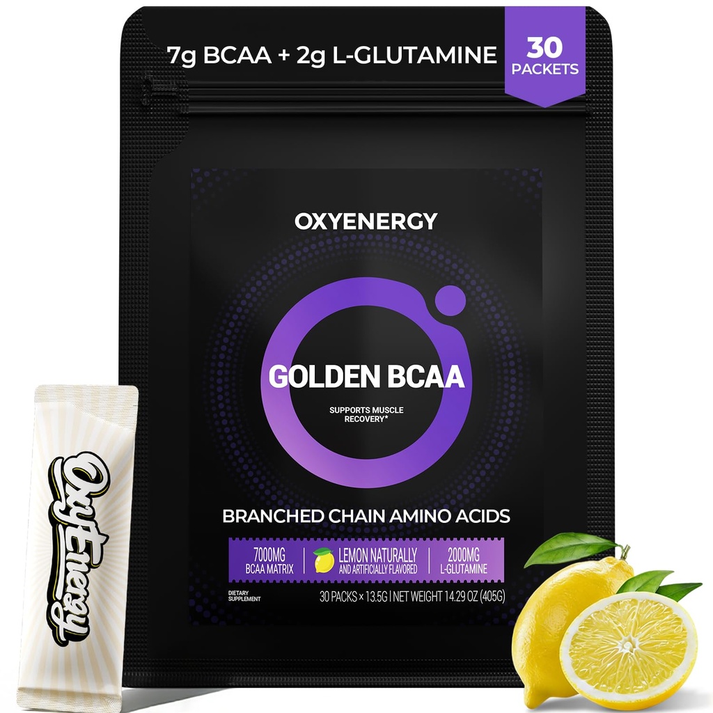 OxyEnergy BCAA 2:1:1 Pulveris, 7g BCAAs un 2g L-glutamīns, Taurīns muskuļu reģenerācijai, Palielināts izturība, Perfect Amino Aicds Pre & Post Workout Recovery, Bezcukura, Lemon, 30 Stick iepakojumā