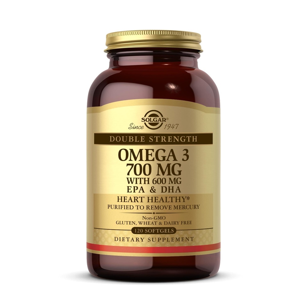 Solgar Double Strength Omega-3 700 mg, 120 Softgels - Zivju eļļas papildinājums - atbalsts sirds un asinsvadu, locītavu un šūnu veselībai - Satur EPA & DHA Omega 3 taukskābes - bez lipekļa - 120 Servējumi