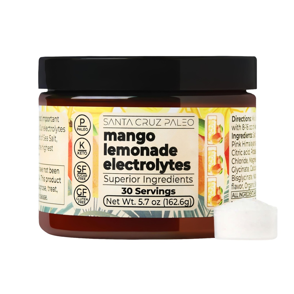 Santa Cruz Paleo Electrolyte Powder, Mango Lemonade, Sugar Free Hydration Drink Mix with Himalayan Pink Salt, Sea Salt, Magnesium Glycinate, Potassium Chloride, Sweetened with Stevia, 30 Servings