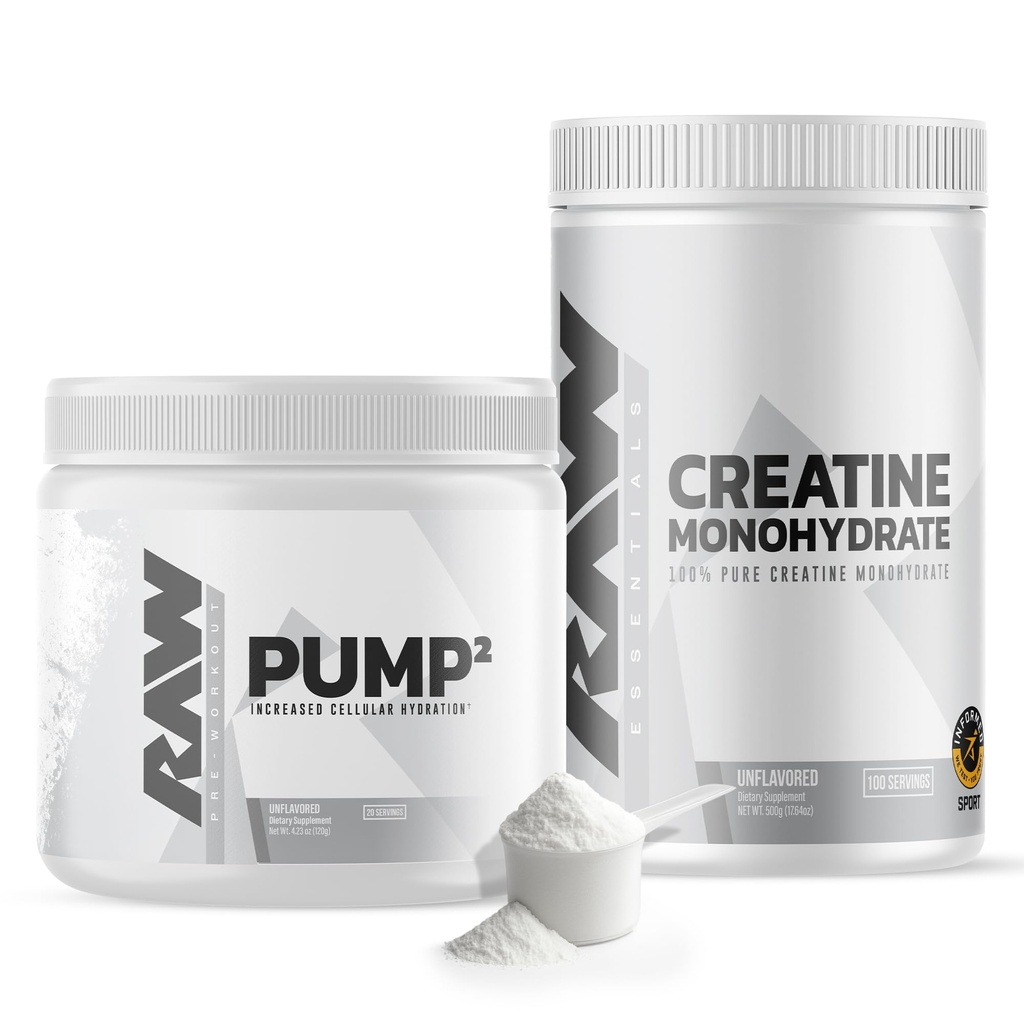 RAW Nutrition Kreatīna monohidrāts un neuzliesmojošs pirmsstrādāšanas pulvera paka