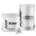 RAW Nutrition Kreatīna monohidrāts un neuzliesmojošs pirmsstrādāšanas pulvera paka