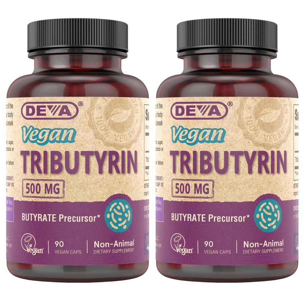 DEVA Vegan Tributirīna papildinājums - Butirātu prekursors, Gut Barjera atbalsts, sviestskābe, 500 MG Vegan kapsulas, Leaky Gut atbalsts, Gremošana, 90 grāds (2. iepakojums)