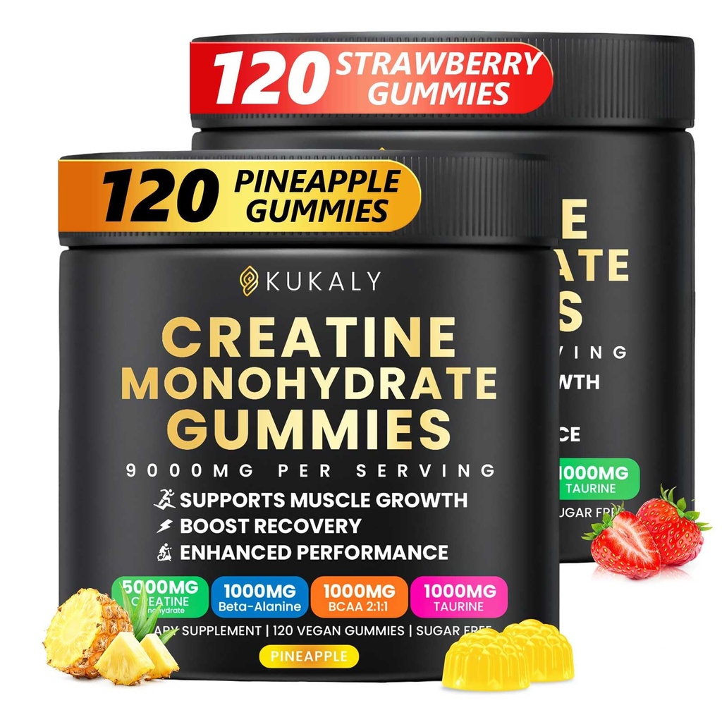 Kreatīnmonohidrāts Gumijas vīriešiem un sievietēm, 9000MG Kreatīn Gumijas bez cukura -BCAA 2:1, B12 B6 Boost Strength, Focus & Izturība, Vegan, ne-GMO
