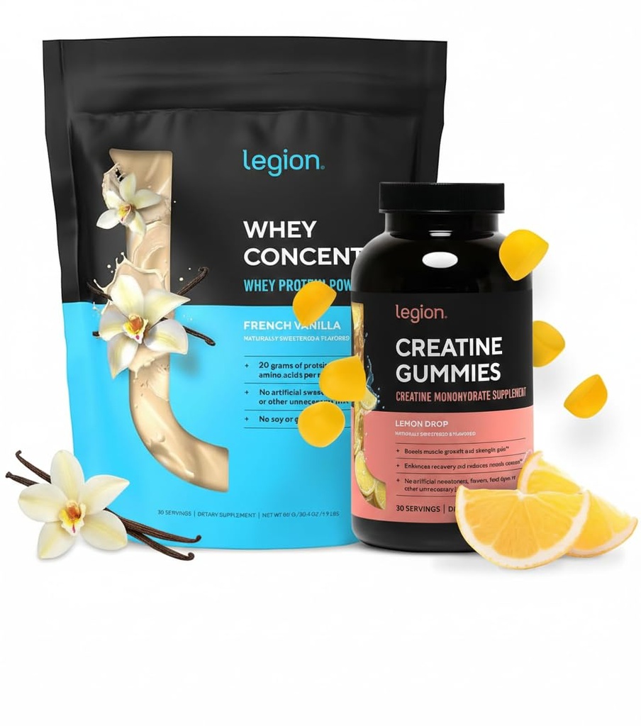 LEGION Performance Support Stack – Kreatīnmonohidrāts Gumijas (Lemon Drop, 30 Servings) + sūkalu proteīna pulveris (Vanilla, 30 Servē)