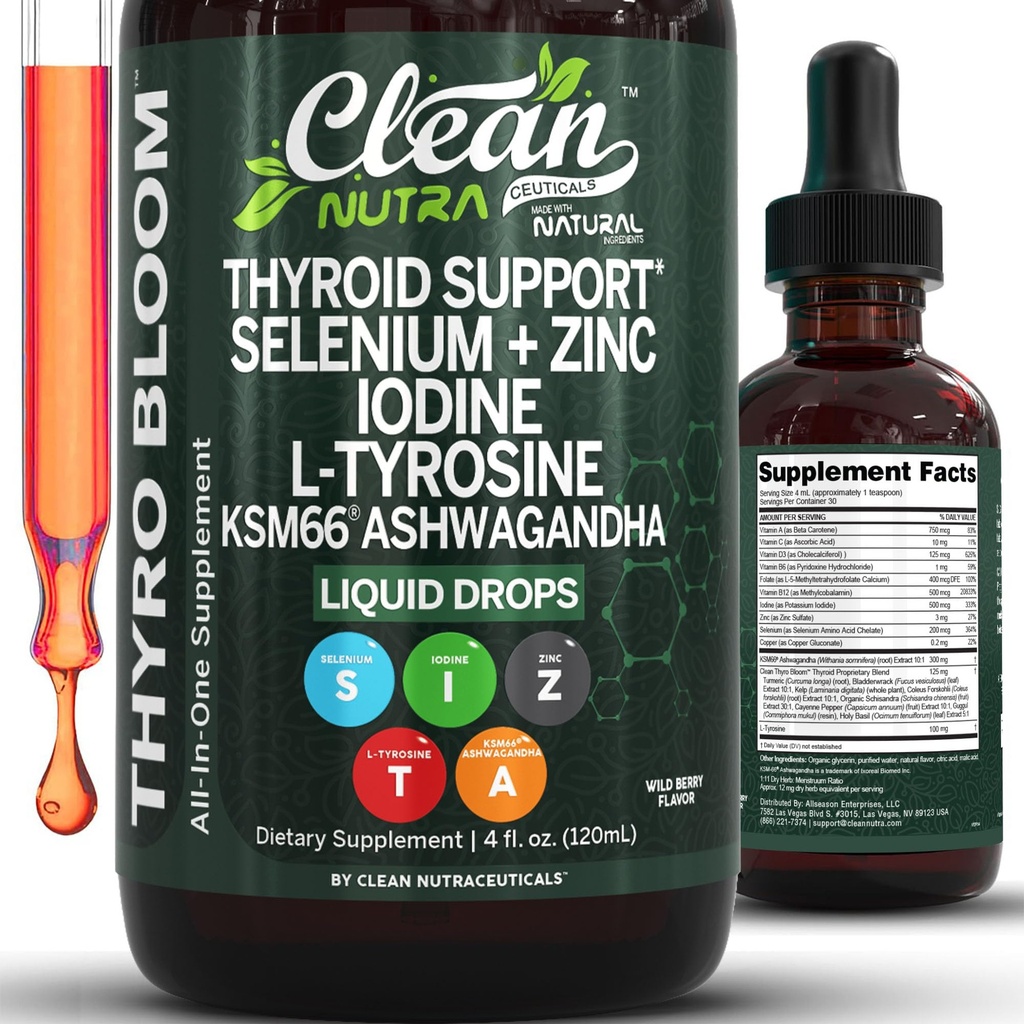 ThyroBloom Vairogdziedzera atbalsts sievietēm Šķidri pilieni jods L-Tyrozine Selenium varš Ashwagandha cinks Kelp Bladderwrack Schisandra Guggul Turmeric vitamīns A D3 B12 Folāta papildinājums ar Clean Nutra 4oz