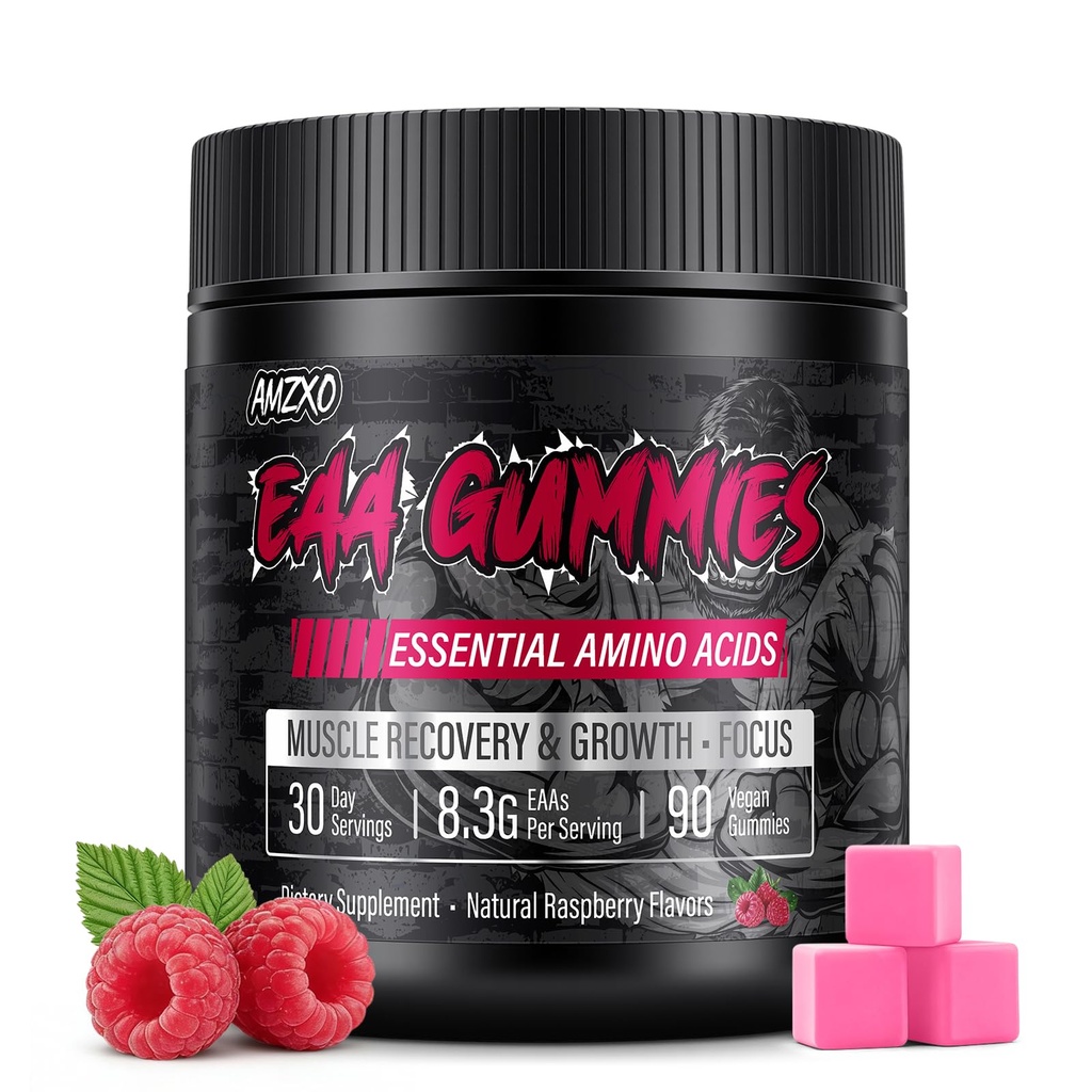 EAA Gummies - 2:1:1:1 BCAA Formula (8300mg) - Essential Aminoskābes muskuļu reģenerācijai un izturībai - Non-GMO, bez lipekļa, bez cukura, veģetārietis, aveņu Flavor - 90 Skaits