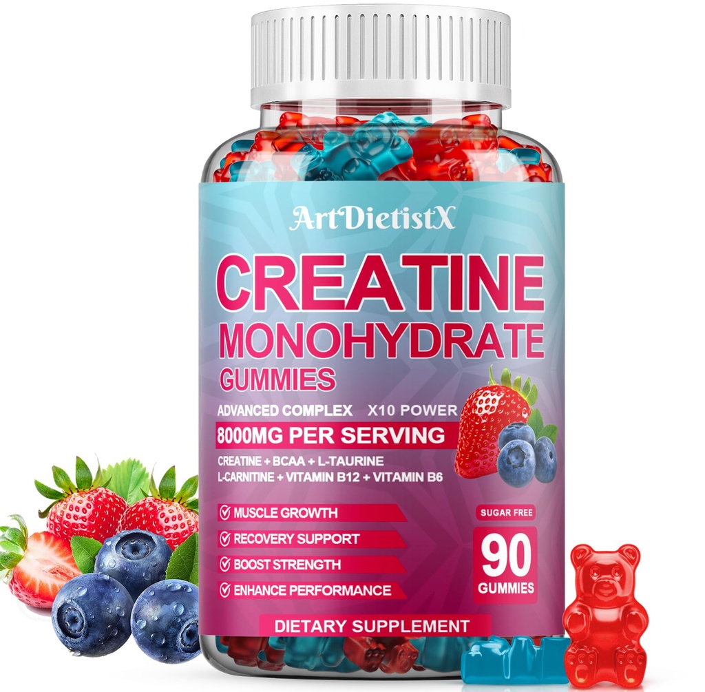 Kreatīnmonohidrāts 8000mg Gumijas ar BCAA, L-karnitīns, Taurīns un vitamīns B12 - Pre Workout Papildinājums muskuļu augšanu, spēks un enerģija, Multi-Flavor košļājamās gumijas, 90 Skaits vīriešiem un sievietēm