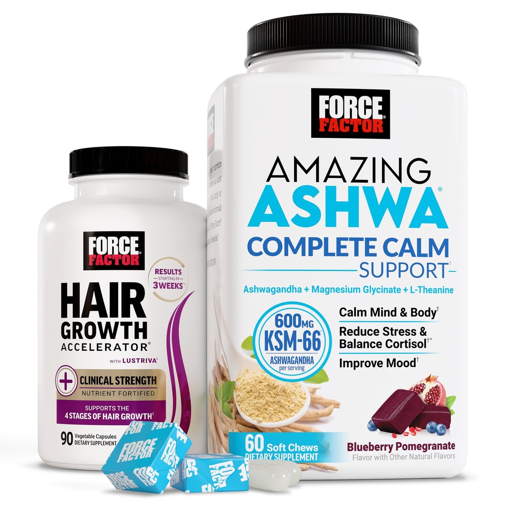 Force Factor Hair Growth Accelerator Capsules, 90 Capsules + Amazing Ashwa Complete Calm Support with KSM-66 Ashwagandha, Blueberry Pomegranate, 60 Soft Chews