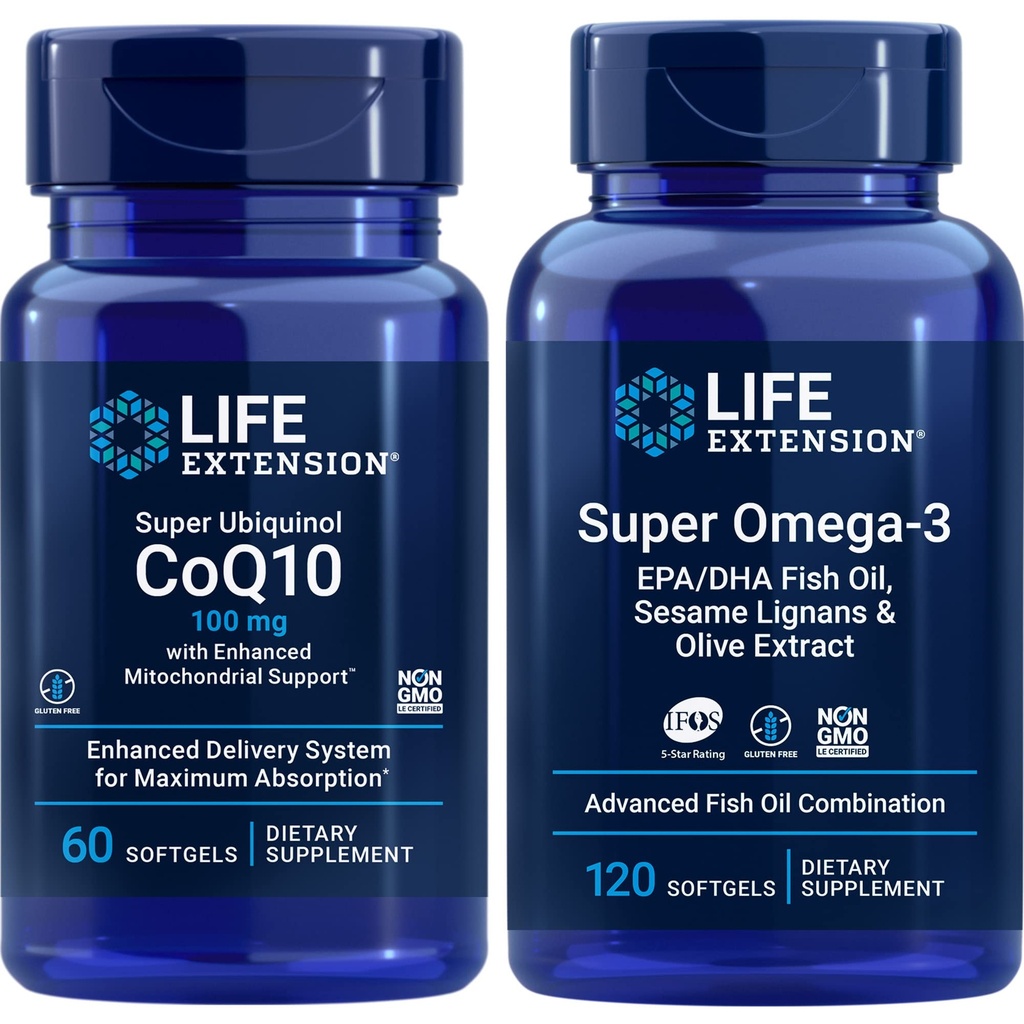 Life Extension Super Ubiquinol Coq10, 100 Mg, 60 Softgels ; Super Omega-3 Epa/dha Zivju eļļa, 120 Softgels ; Sirds un smadzeņu veselības bagātinātāji, Iekaisuma vadība, Anti-Aging atbalsts.