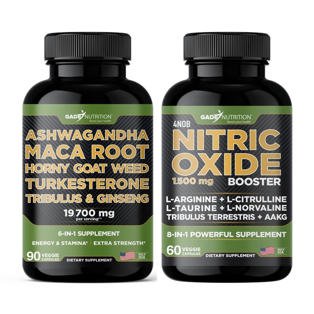 Gade Nutrition Ashwagandha ar Maca Root, Horny Kaze Weed, Turkesterone, Tribulus Terrestris, Panax Ginseng + Slāpekļa oksīda Booster - Bandle for Energy, Vitality, Veiktspēja, Sūknis