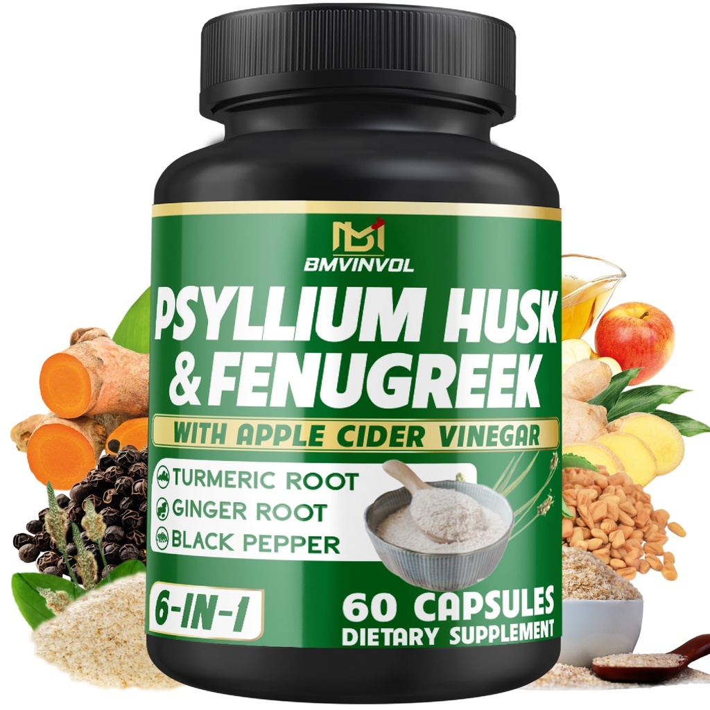 BMVINVOL Psyllium Husk Fiber Papildinājums t ar Grieķu, Apple Cider Etiķis Etiķis, Turmeric, Ingver, Black Pepper- Gremošanas Veselības Atbalsts - 60 Kapsulas