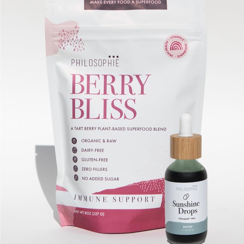 Philosophie Sunshine Drops & Berry Bliss Bandle - Liquid Chlorophyll & Superfood pulveris Blend - Visu dabas augu bāzes 2pack