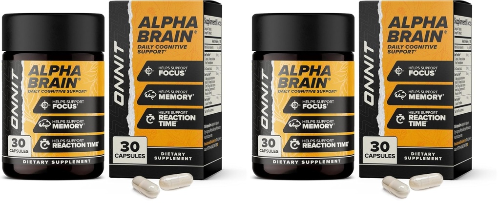 ONNIT Alpha Brain Nootropic Smadzeņu papildinājums vīriešiem un sievietēm, IGEN ne-ĢMO testēts, atmiņa, psihiskā skaidrība, kognitīvais atbalsts un fokusa kapsulas ar L-Teanīnu un vitamīnu B6, 30 Skaits (2. iepakojums)
