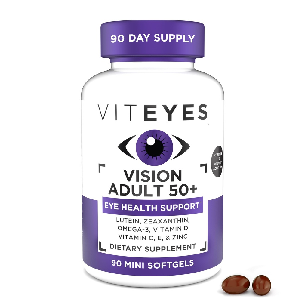 Viteyes Vision for Ages 50 Plus for Eye Health, Vision Support, Aging Eyes, Lutein, Zeaxanthin, Omega-3, Cinka, C vitamīns, D vitamīns, E vitamīns, acu ārsts uzticas, ražots ASV, 90 Ct