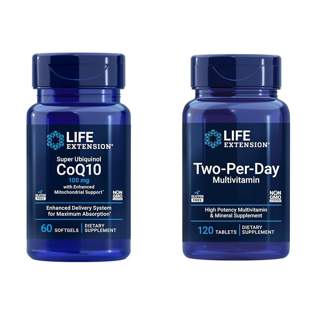 Life Extension Super Ubiquinol CoQ10 Heart & Cell Energy Support with Two-Per-Day High potence Multi-Vitamin & Mineral Papildinājums, 60 Softgels & 120 tabletes