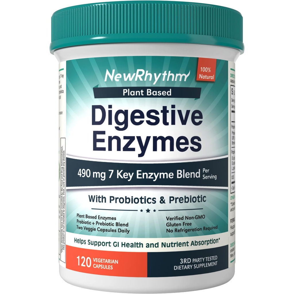 NewRhythm Gremošanas enzīmi 490 mg ar probiotikām un prebiotikām, augu bāzes, 7 galvenie enzīmi, gremošanas, barības vielu absorbcija, proteāzes amilāze un lipāze, 120 Vegan kapsulas