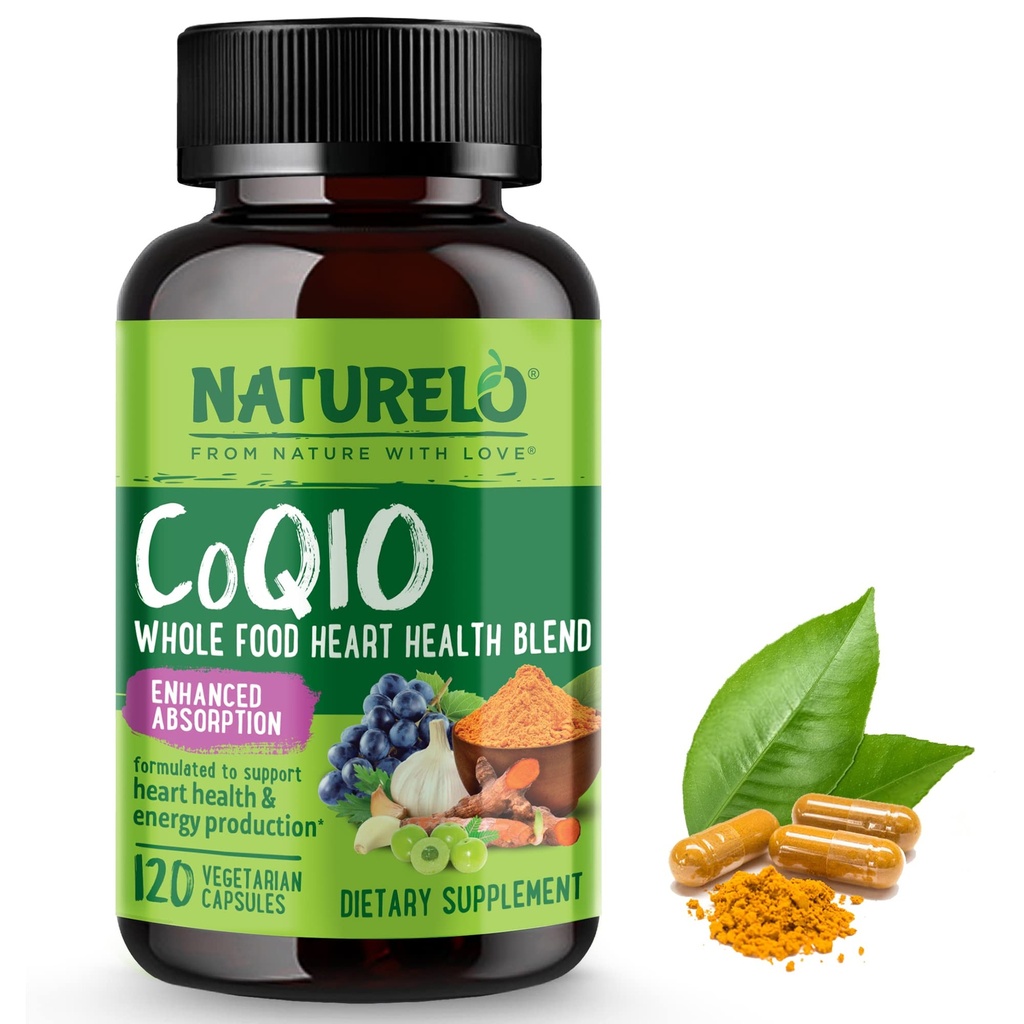 NATURELO Visa pārtikas CoQ10 papildinājums, 120 Veg kapsulas, sirds veselības Blend, spēcīgs antioksidants, CoQ10 100mg atbalsta enerģijas ražošanu