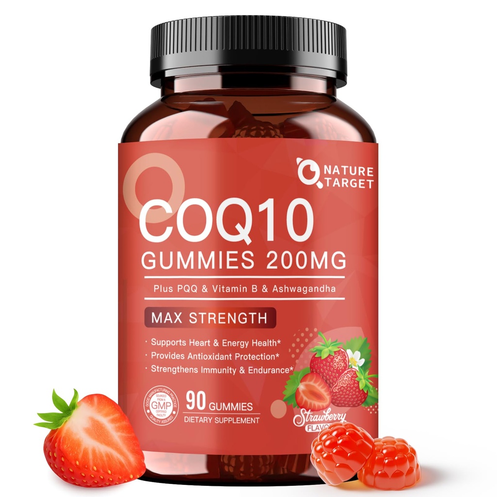 NATURE TARGET CoQ10 Gummies 200mg – Augsta Absorbcija Coenzyme Q10 papildinājumi sirds, enerģija un antioksidants ar PQQ, Zinc & Ashwagandha, zemeņu Flavor, 90 Count