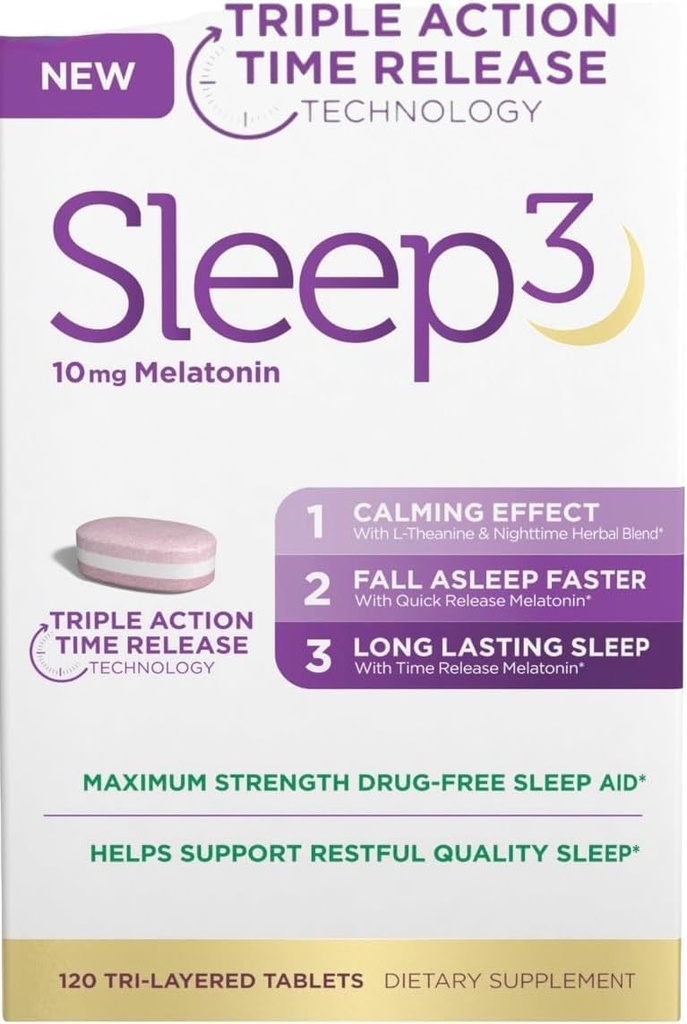 Miegs3 Triple Action Time Release Melatonīna Miega palīglīdzeklis, 10 mg, Maksimālais stiprums, bez zālēm, 120 Tri-Layered tabletes, ar L-Teanīnu