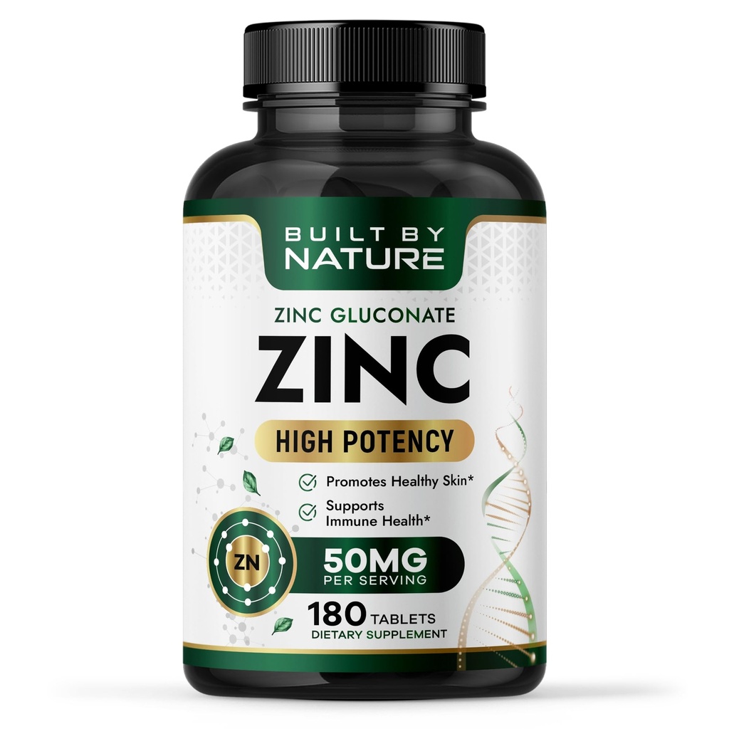 Built by Nature Cinka 50 mg – Cinka Gluconate for Highly-Absorbable Imunic & Antioxidant Support – Veicina ādas, acu un imūnās veselības – Non-GMO, Gluten-free – 180 tabletes