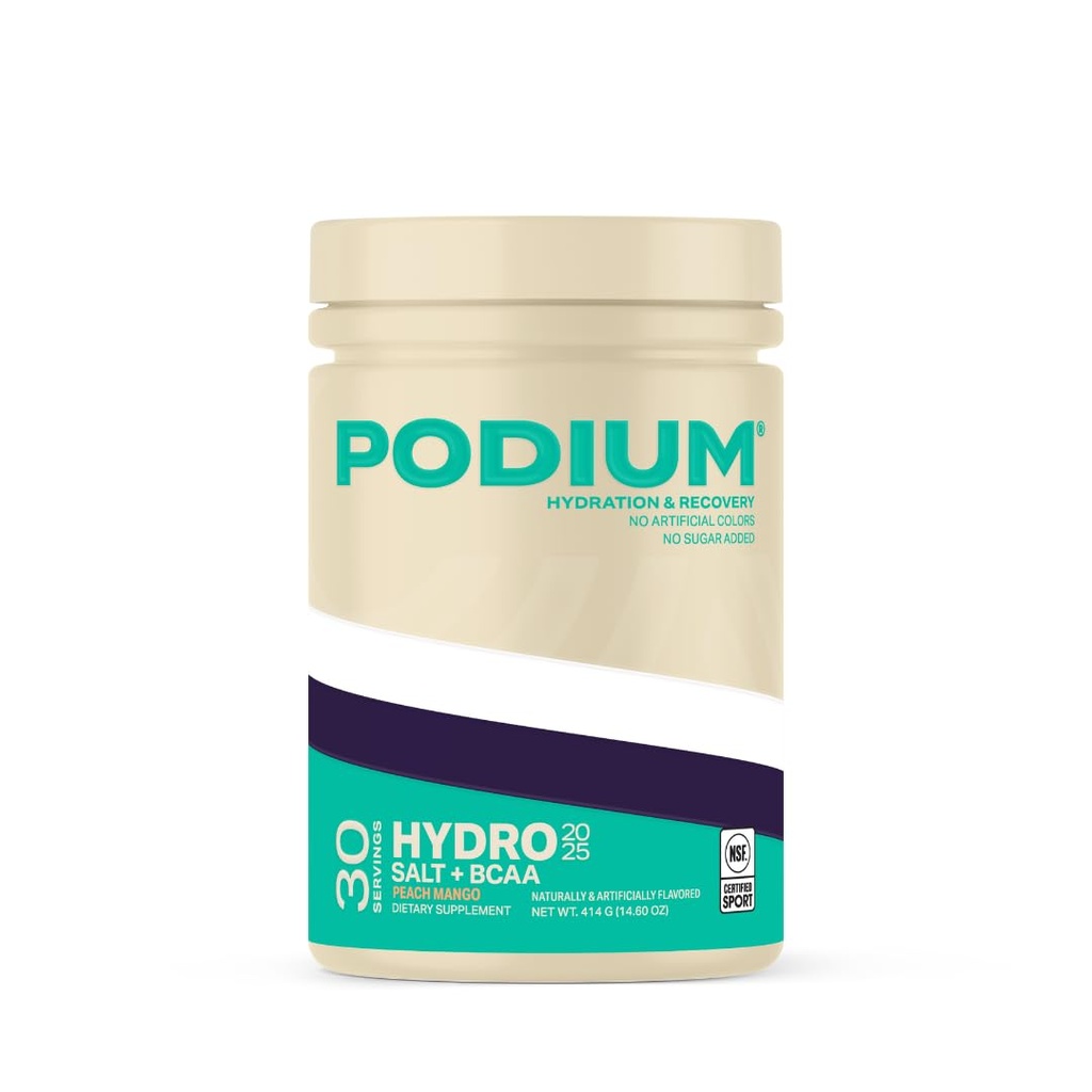 Podium Nutrition, instantized BCAA Powder, Hydro and Salt 2025, 30 Servē, Elektrolīti, Hidrācija, Recovery (Peach Mango)
