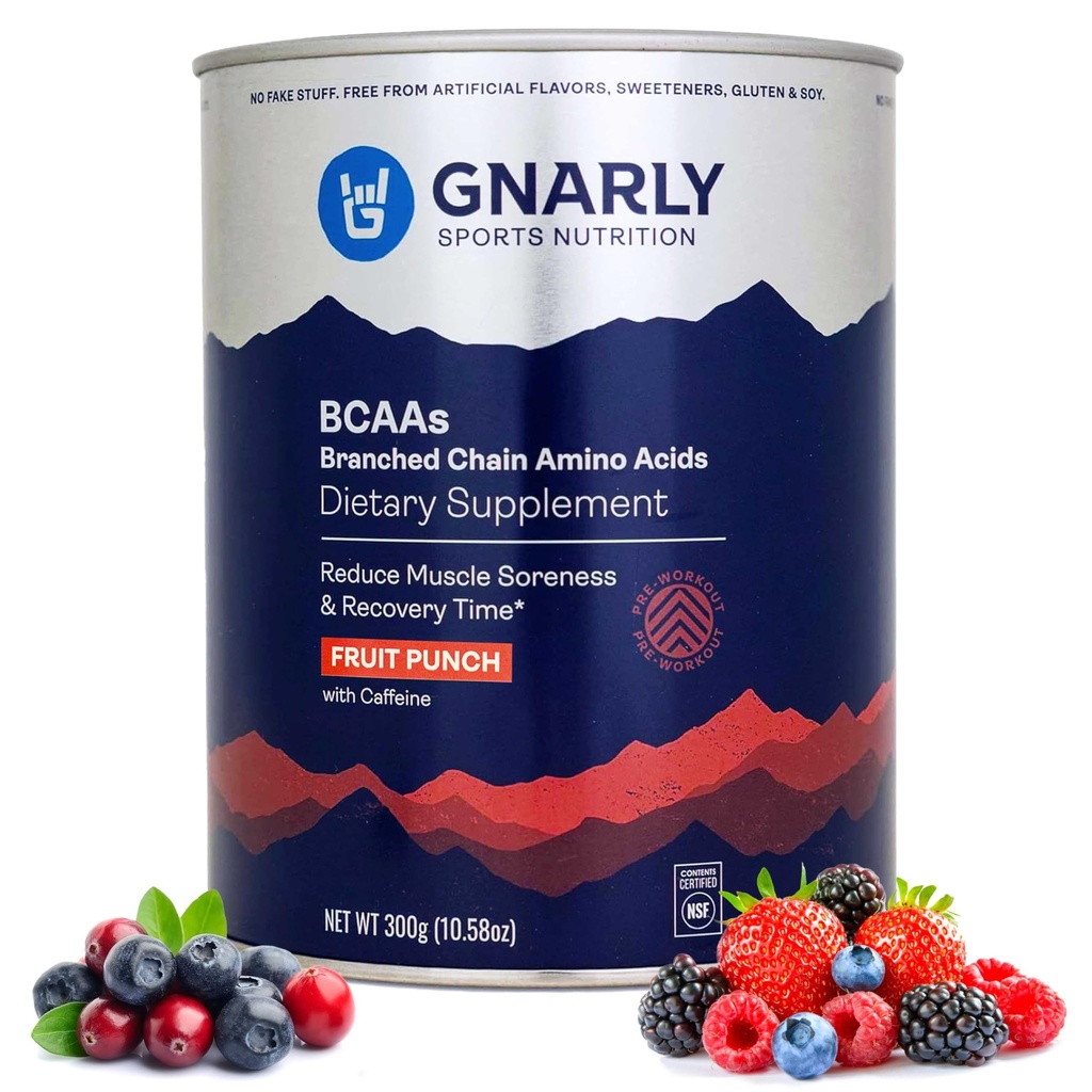 Gnarly Nutrition BCAA pulveris, augļu pūderis – pirms treniņa BCAAS aminoskābes – NSF Sports Sertificēts – Papildinājums, lai atbalstītu un atjaunot muskuļu – augļu pūderis ar kofeīnu, 10.58 oz