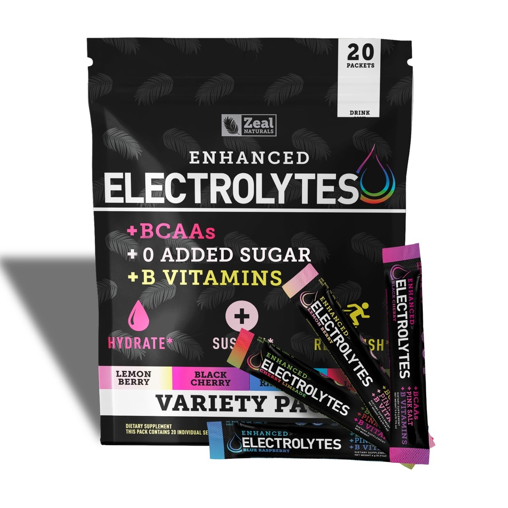 Zeal Naturals Uzlaboti Elektrolītu Pulveris Stick iepakojumi (Varietējais iepakojums - 20 paciņas) Bez cukura + BCAA B-Vitamins & Pink Himalaju sāls - Keto Elektrolīti, hidrācijas pulveris